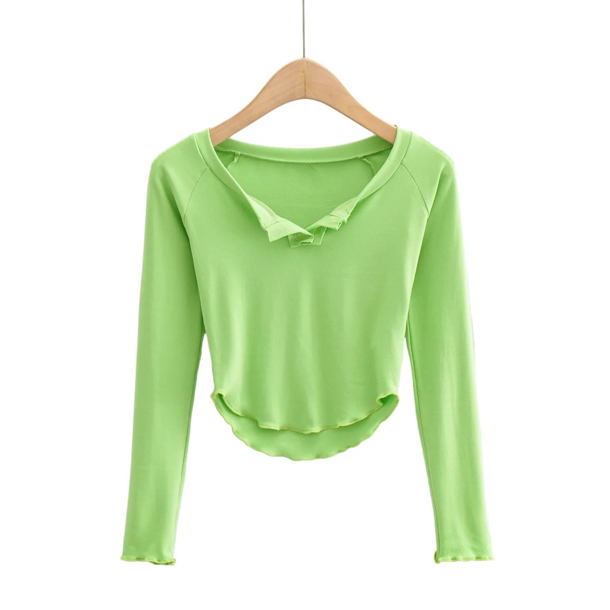 V-neck solid color long-sleeved top NSHS47168