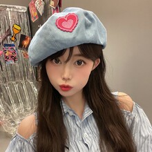 爱心牛仔贝雷帽女春秋韩版显脸小百搭蓓蕾画家帽日系大头围帽子