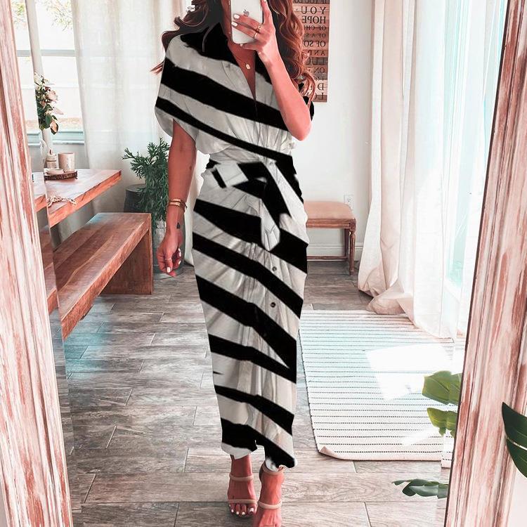 High Waist Waist Line Holiday Occasion V Neck Neckline Wholesale Women'S Vintage Style Printing Stripe Holiday V Neck Short Sleeve Irregular Skirt