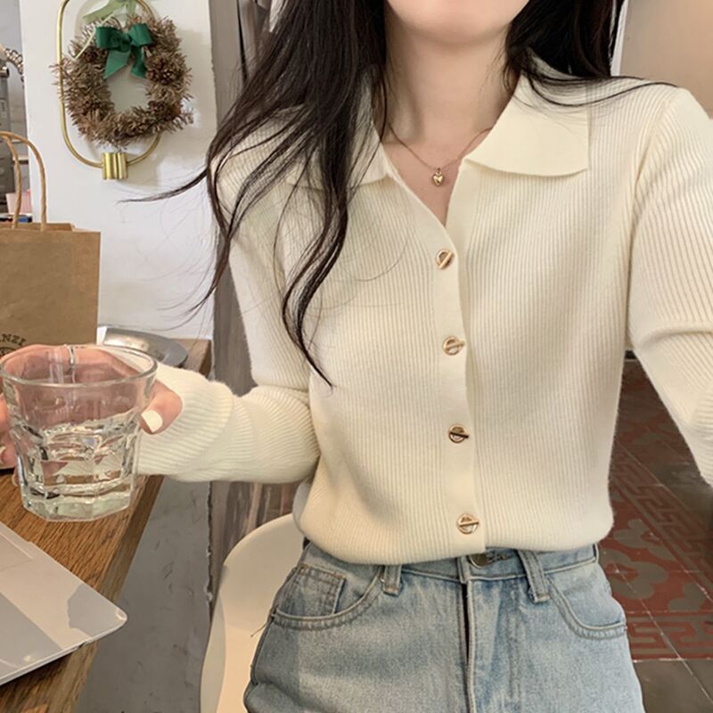 2023 Spring Polo Collar Top Regular Nine-Quarter Sleeve Forest Style Cardigan Slim Fit Short Inner Layer in Forest Style