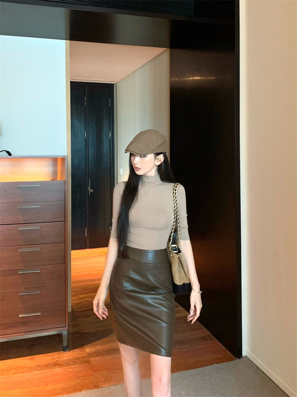 女装高级感气质半袖T恤修身显瘦半高领上衣半身裙皮裙两件套秋装|undefined