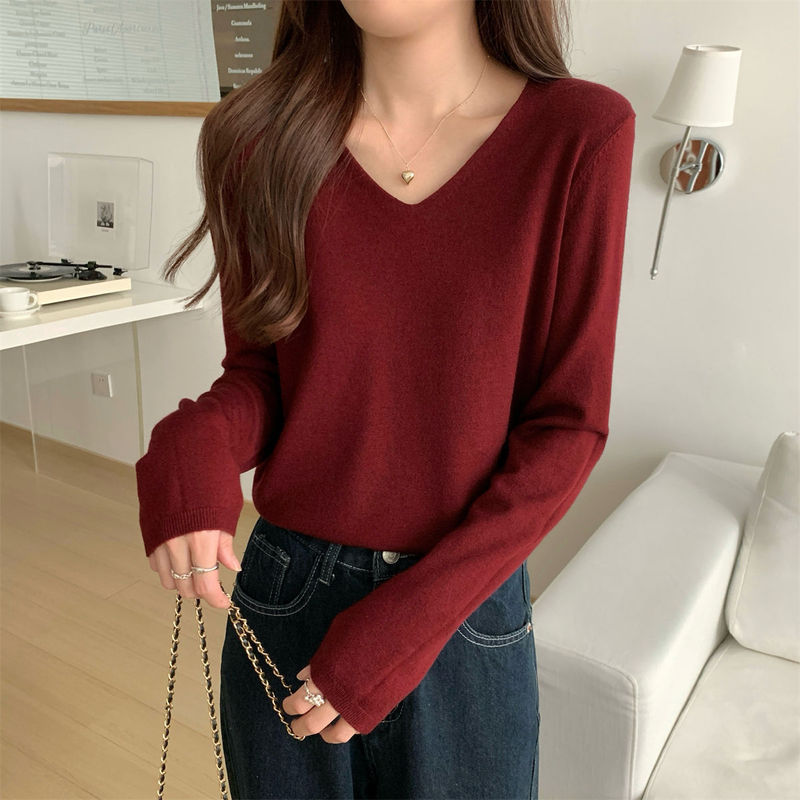 This Autumn's Popular Angora Red V Neck Long-Sleeved Sweater with Women's Spring Loose Slimming Look Work Clothing Bottoming Shirt