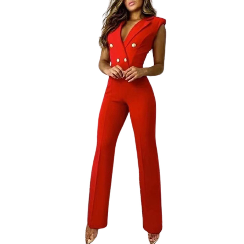 Color Matching V-Neck Long-Sleeved Stitching Slim Jumpsuit NSLZ108639