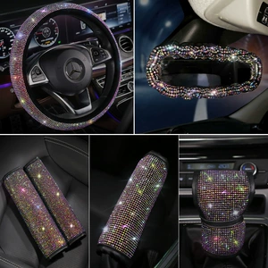 Car decorative rhinestone handbrake gear shift cover, diamond-encrusted handle cover, full-diamond seat belt shoulder pad, steering wheel cover, headrest cover