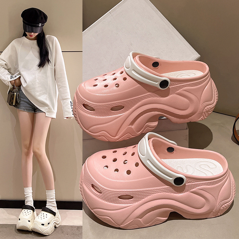 Thick-soled 9cm Hole Shoes Increased Women's New Fashion Baotou Two-wear Casual Beach Garden Shoes Platform Shoes Cross-border