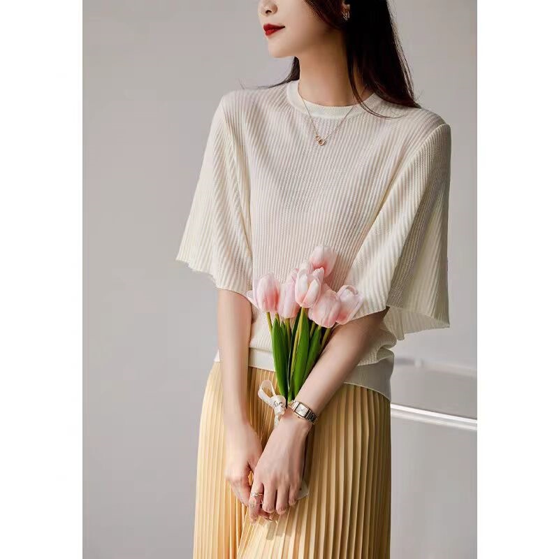 7 @ gentle feminine stitching ruffled sleeve round neck knitted half sleeve top women's MLZY29726