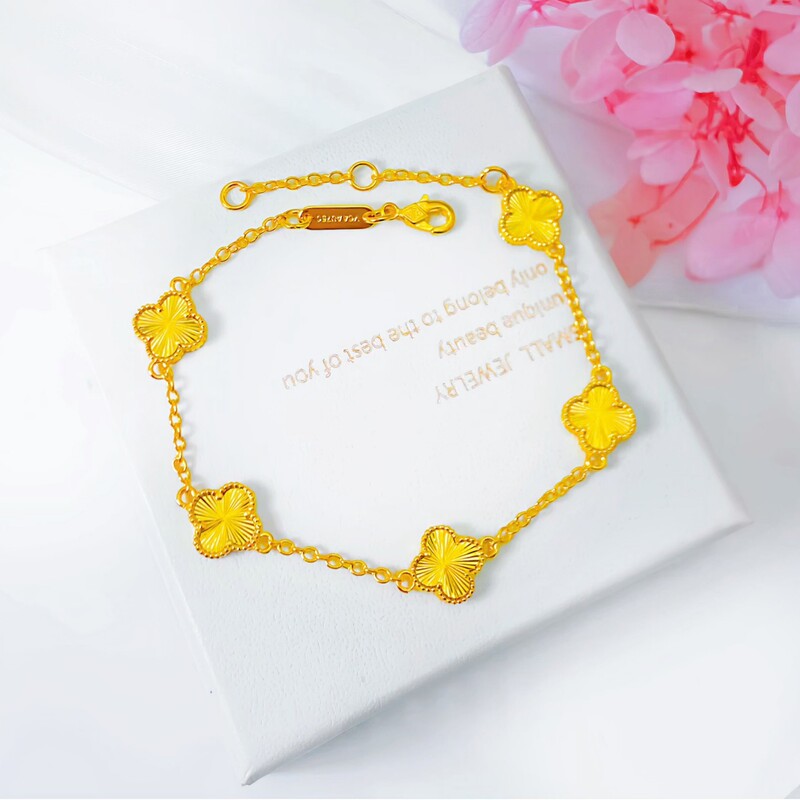 Ancient Sand Gold Jewelry Thick Gold with Four-Leaf Clover Bracelet Non-Fading Handmade Crushed Ice Accessible Luxury High-End Design