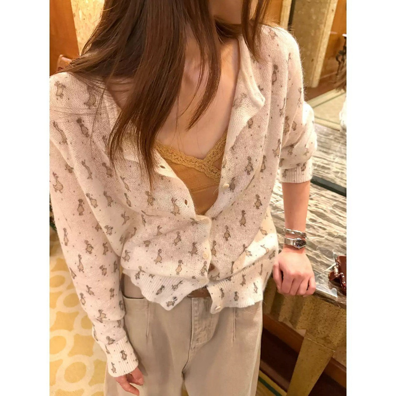 Yinhe STUDIO small animal print knitted cardigan for women, autumn, slightly sheer, loose, gentle style, outer sweater cover-up