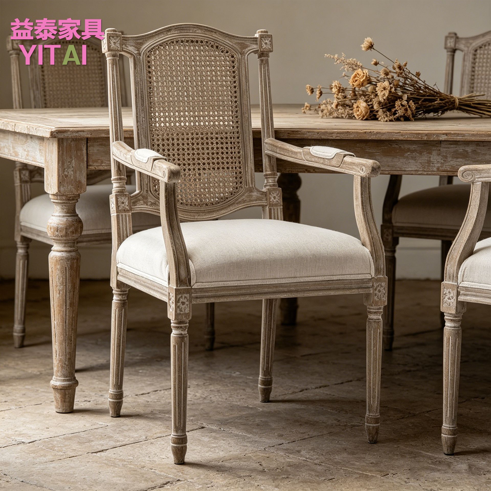 French Retro Rattan Dining Chair American B&B Solid Wood Roman Chair Wedding Photo Studio Hotel Restaurant Old Dining Chair