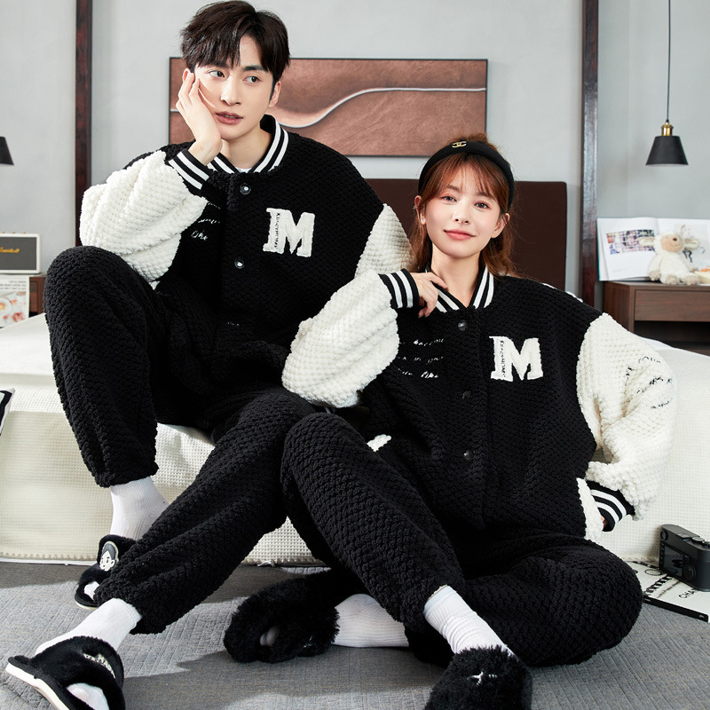 Couple pajamas women's winter coral fleece thickened baseball jacket autumn and winter flannel men's homewear suit