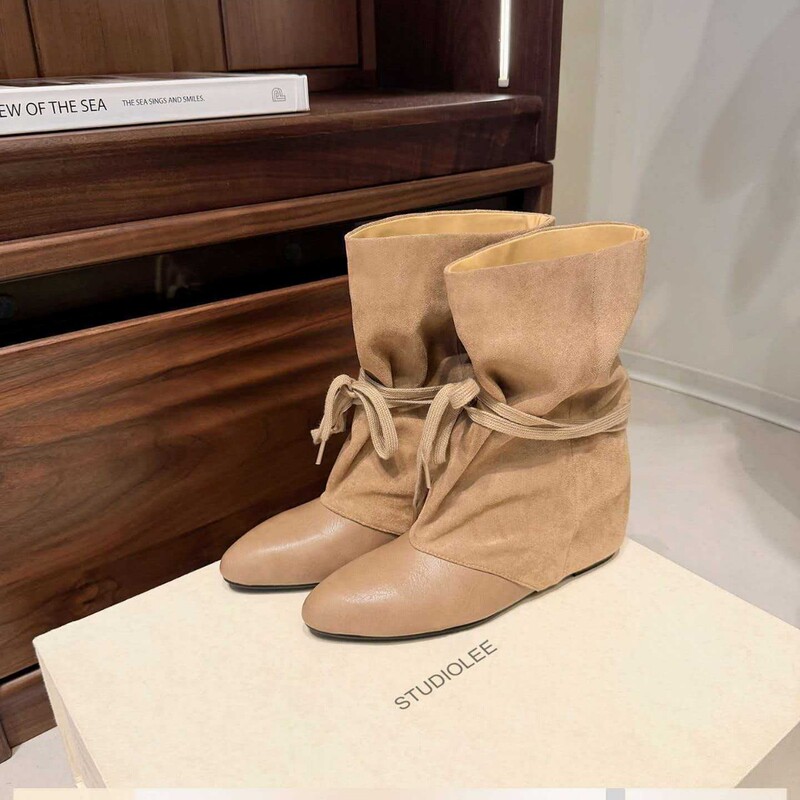 Women's new retro long boots with 7cm height-increasing pleated pointed toe, long boots, stacked boots, lace-up knight style Women's new retro long boots with 7cm height-increasing pleated pointed toe, long boots, stacked boots, lace-up knight style