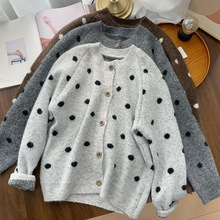 实拍◆灰雾波点圆领毛衣开衫外套女小个子宽松百搭长袖毛衣开衫