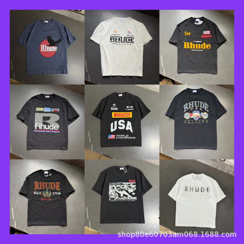 Rhude American Fashion Brand New High Street Crown Flag Print Retro Loose Round Neck Short-Sleeved T-Shirt for Men and Women in Summer