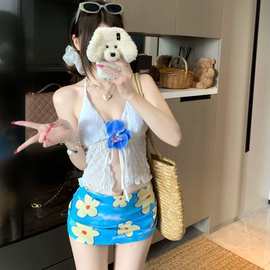 2025新款辣妹风比基尼泳衣女碎花挂脖抹胸夏季新款分体裙式两件套
