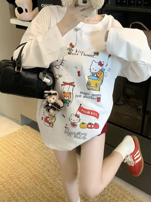 韩系可爱甜美圆领印花长袖T恤女秋2025新款薄款宽松字母套头上衣|undefined
