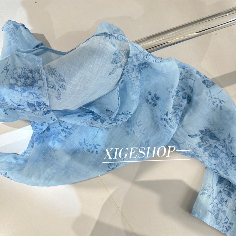 Blue Floral Printed Ramie Cardigan for Women, Light and Elegant, Chinese Style Loose Sun Protection Long-Sleeved Shirt, Summer 2025 New Style