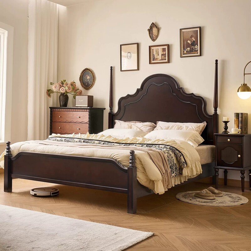 Vintage American-style high-end master bedroom double bed 1.8m All-solid wood bed in smoked color, Anna bed, modern and simple Vintage American-style high-end master bedroom double bed 1.8m All-solid wood bed in smoked color, Anna bed, modern and simple