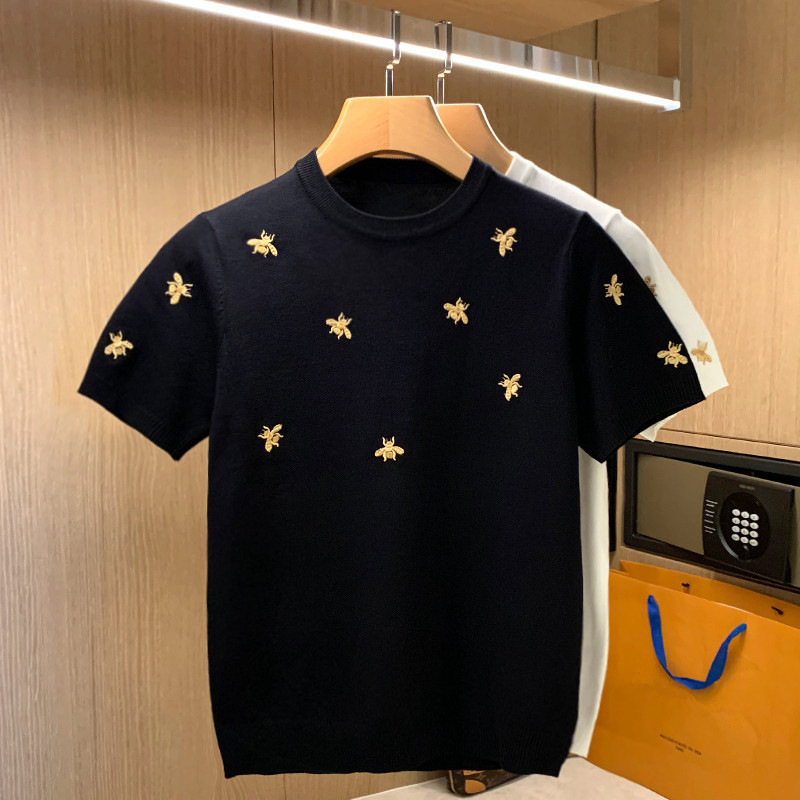 European Style Trendy Knitted Short-Sleeve Men's Summer T-Shirt with Unique Bee Embroidery, Light Luxury Round-Neck T-Shirt for Men European Style Trendy Knitted Short-Sleeve Men's Summer T-Shirt with Unique Bee Embroidery, Light Luxury Round-Neck T-Shirt for Men