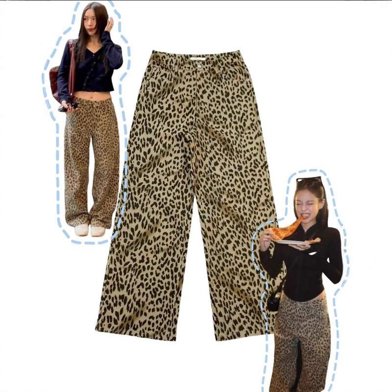 Jennie Kim's Same Style American Retro Leopard Print Wide-Leg Jeans for Women, Straight-Leg Slimming Loose Casual Pants