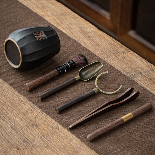 Tea set accessories for tea ceremony with six gentlemen made of ebony wood, tea tongs, tea knife, tea pot brush, tea utensils and brewing tools 