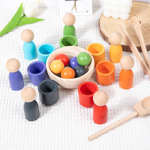 Cross-border children's Montessori teaching aids 7-color people and cup color classification matching ball and bead game wooden toys