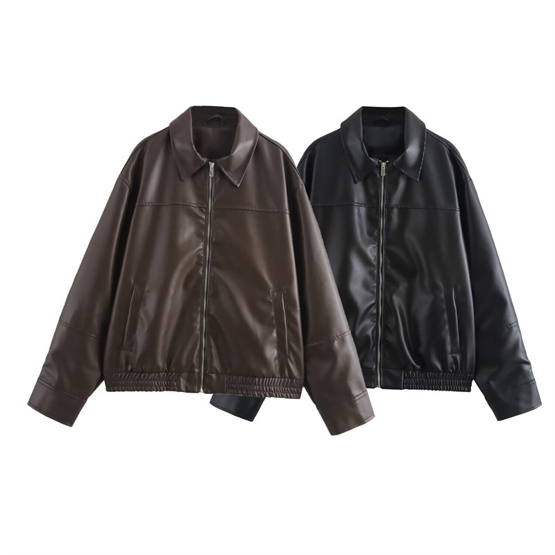 Cross-Border Export 2025 Winter New European and American Style Women's Imitation Leather Lapel Bomber Jacket 4341864