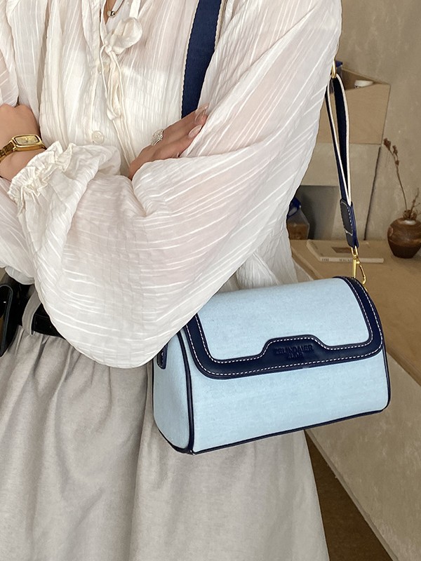 Bolso cilíndrico retro transfronterizo mujer 2026 nueva moda vaquero empalme bolso cuadrado textura banda ancha mochila image 3