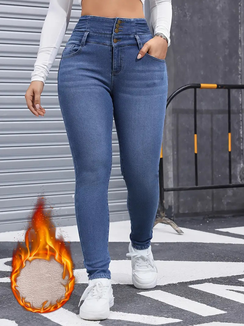 Fashion Versatile Women's Skinny Jeans Fleece Lined Elastic Waist Multi Button Solid Color Autumn Winter New Style_ecoleips.com