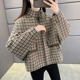 秋冬千鸟格毛呢外套新款格子宽松韩版小个子短款上衣洋气大衣