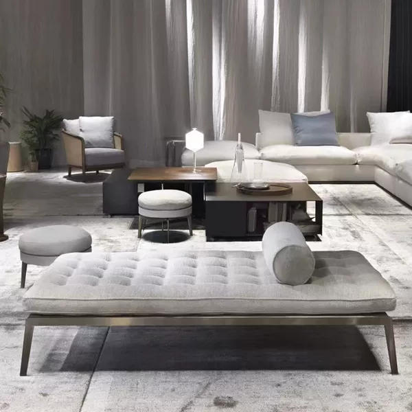 Italian minimalist leather ottoman bench for the end of the bed, luxury casual low stool for the dressing room, shoe changing bench, sofa bench