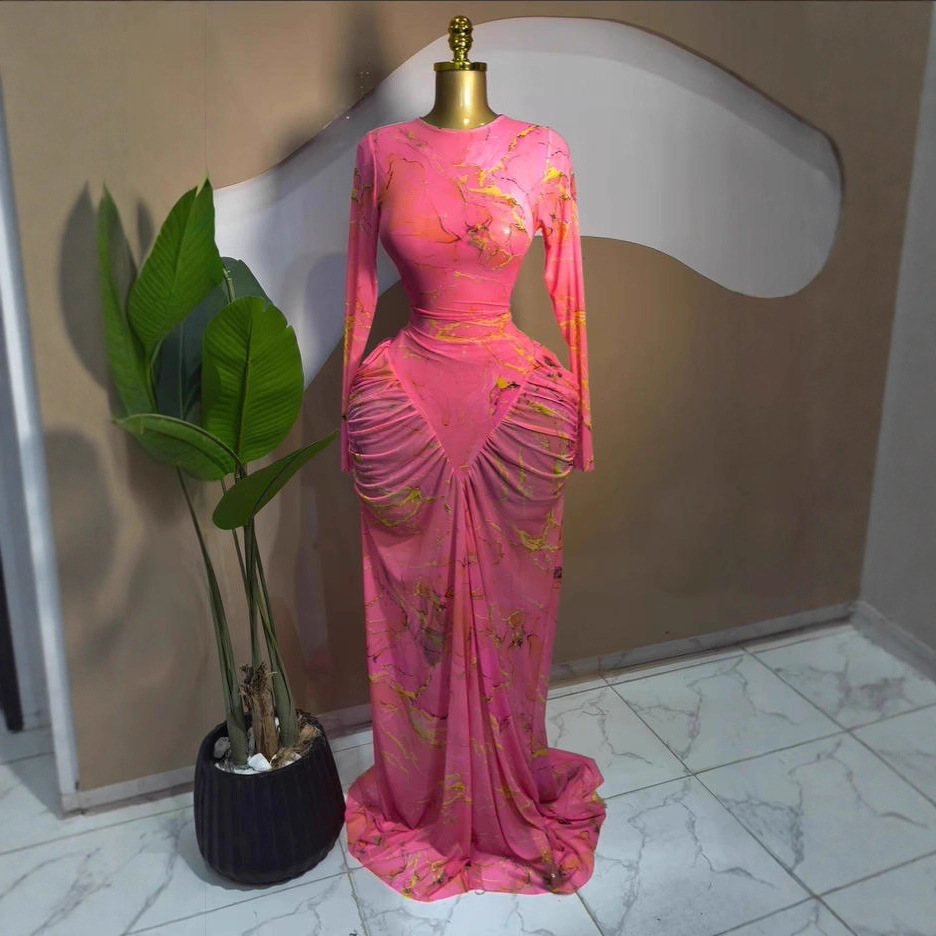 In Stock 2025 Cross-Border European and American Women's Clothing Long-Sleeved Autumn Ins Printed Mesh Pleated Long Dress Party Dress