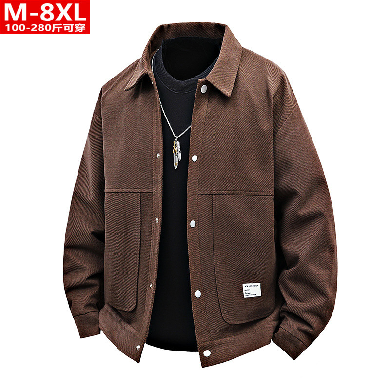 Spring and Autumn Trendy Hong Kong Style Men's Handsome Fashion Patch Pocket Square Collar Jacket Chubby Large Size Plus Fat Loose Casual Jacket