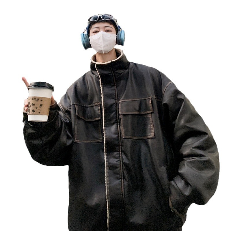 毛皮一体綿服コート男性パイロットジャケット冬アメリカのレトロな羊の毛が厚いベルベット機関車の綿服