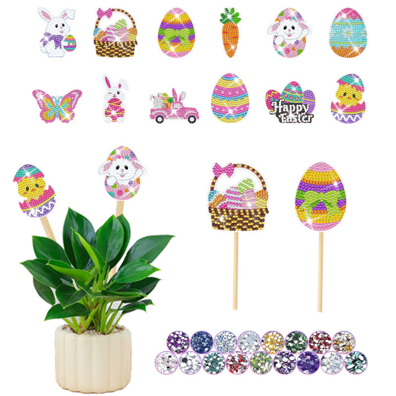 Estacas decorativas para macetas con diseño de flores para decoración de plantas en el hogar y escritorio, fabricante de estacas de jardín hechas a mano con pegatinas de diamantes DIY.