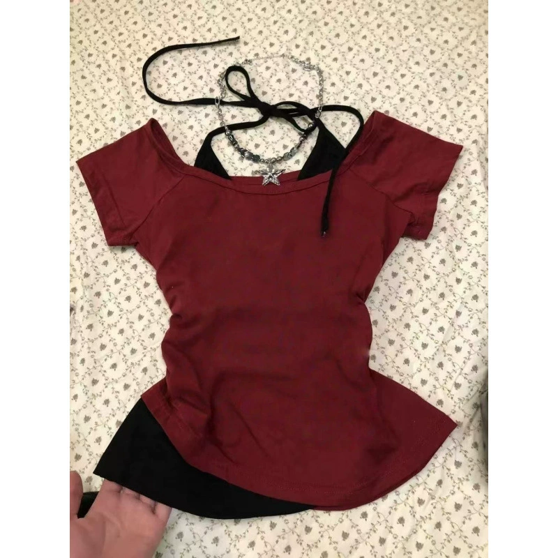 Американский ретро винтажный женский топ-футболка с короткими рукавами и бретелями, имитация двухслойного кроя, летний дизайн 2025 года