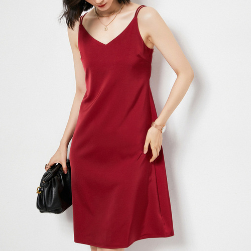 Silk Satin Straps Dress 2025 Summer Women's New Slimming V-Neck Simple Elegant Medium-Length Dress