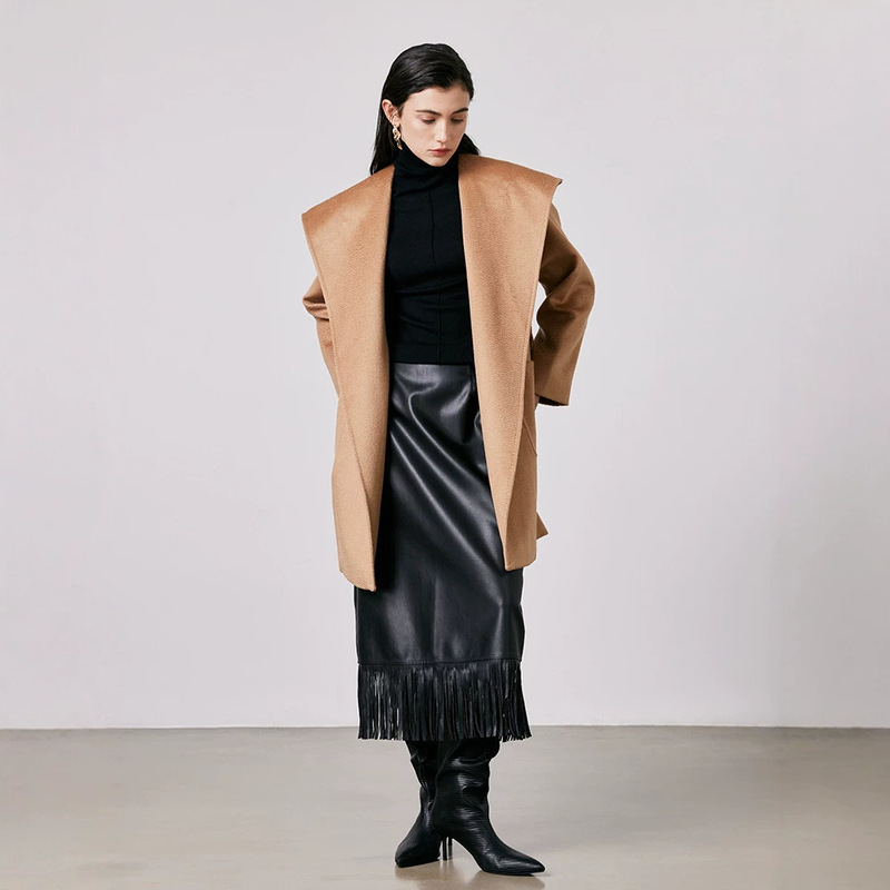 M Brand Rialto Single-Sided Short Water Ripple Cashmere Wool Hooded Coat for Women in Camel Color M Brand Rialto Single-Sided Short Water Ripple Cashmere Wool Hooded Coat for Women in Camel Color