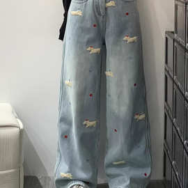 腊肠狗刺绣牛仔裤女春秋冬高腰显瘦小个子宽松慵懒风直筒阔腿裤