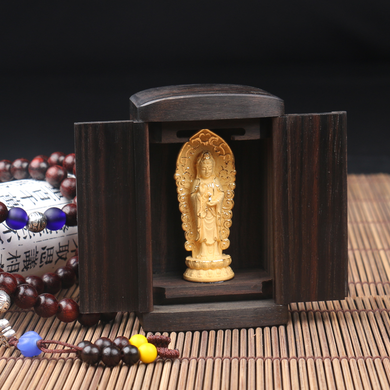 Sandalwood Buddha Box Velvet Sand Gold Buddha Statue with Door for Shrine Small Buddhist Hall Portable Buddha Amulet Mini Buddhist Niche Natural Solid Wood