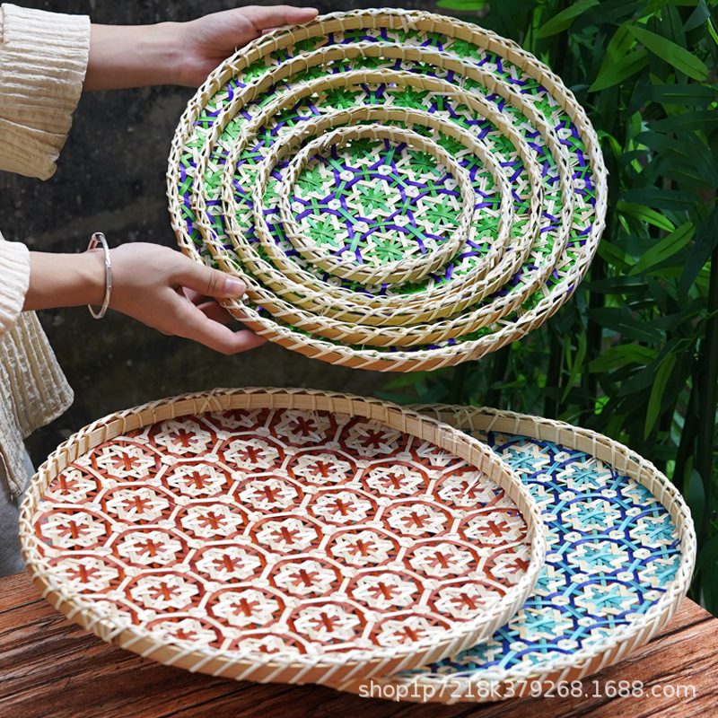 Colorful Bamboo Dustpan Hand-Woven Dustpan Kindergarten Hanging Decoration Bamboo Sieve Hotel B&B Decorative Plate Round Tray Colorful Bamboo Dustpan Hand-Woven Dustpan Kindergarten Hanging Decoration Bamboo Sieve Hotel B&B Decorative Plate Round Tray