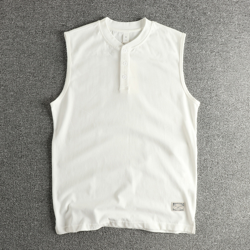 High-End American Retro Trendy Men's Vest Heavyweight Washed Cotton Henley Collar Sleeveless T-Shirt