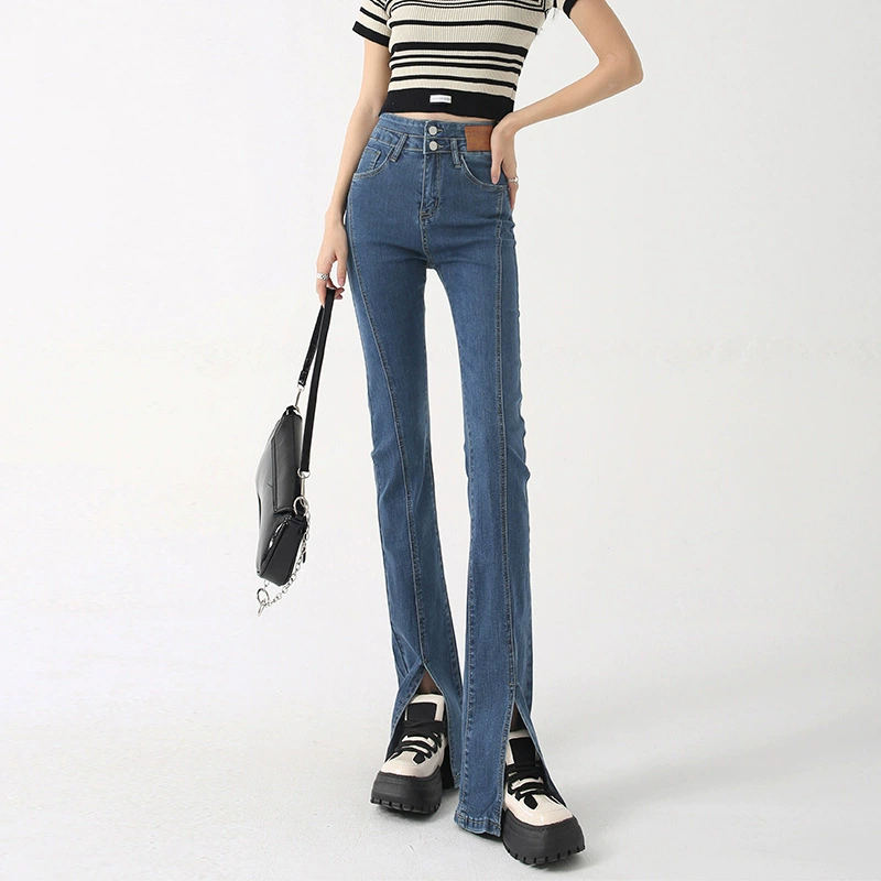 Новые женские стрейчевые джинсы-клеш с высокой талией и разрезом, черные, весна-осень 2025