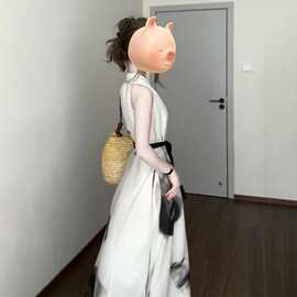 新中式国风清冷感水墨晕染挂脖连衣裙温柔气质收腰a字长裙女夏季