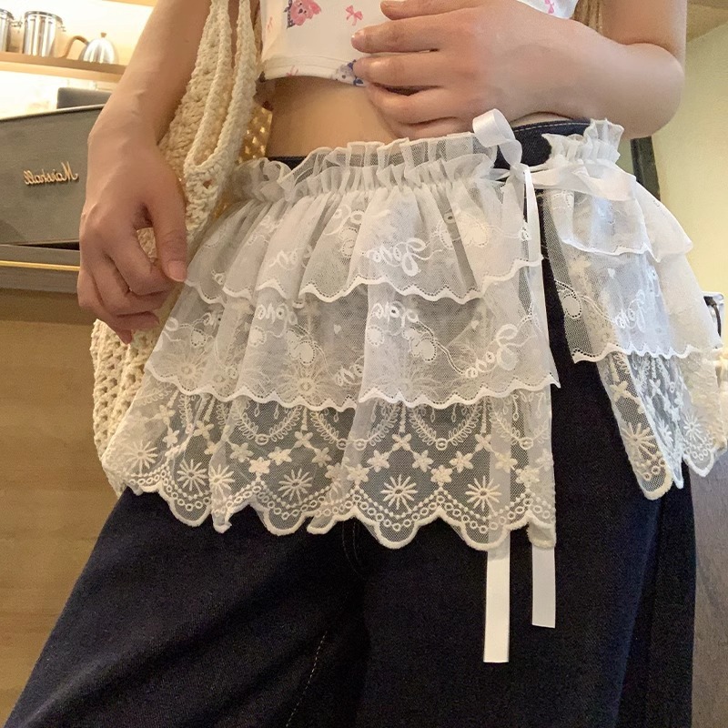 韩系叠穿白色芭蕾风蕾丝半身裙屁帘女春夏季绑带配牛仔裤遮臀短裙|undefined