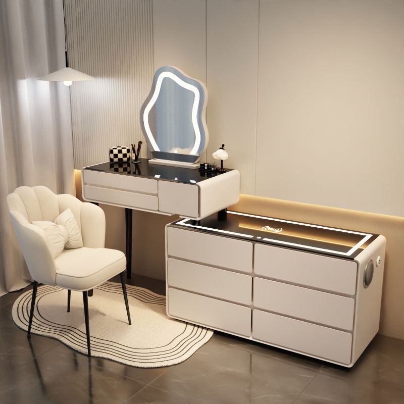 밀크화이트 6단 스마트모델 - 올원목 80테이블 + 수납장 + 구름거울 + 꽃잎의자