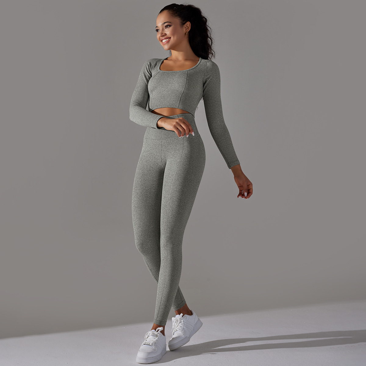 Rochie de yoga Jacquard pentru femei, cu mânecă lungă, talie înaltă, colanți de șold, îmbrăcăminte sport pentru fitness_voghion.com