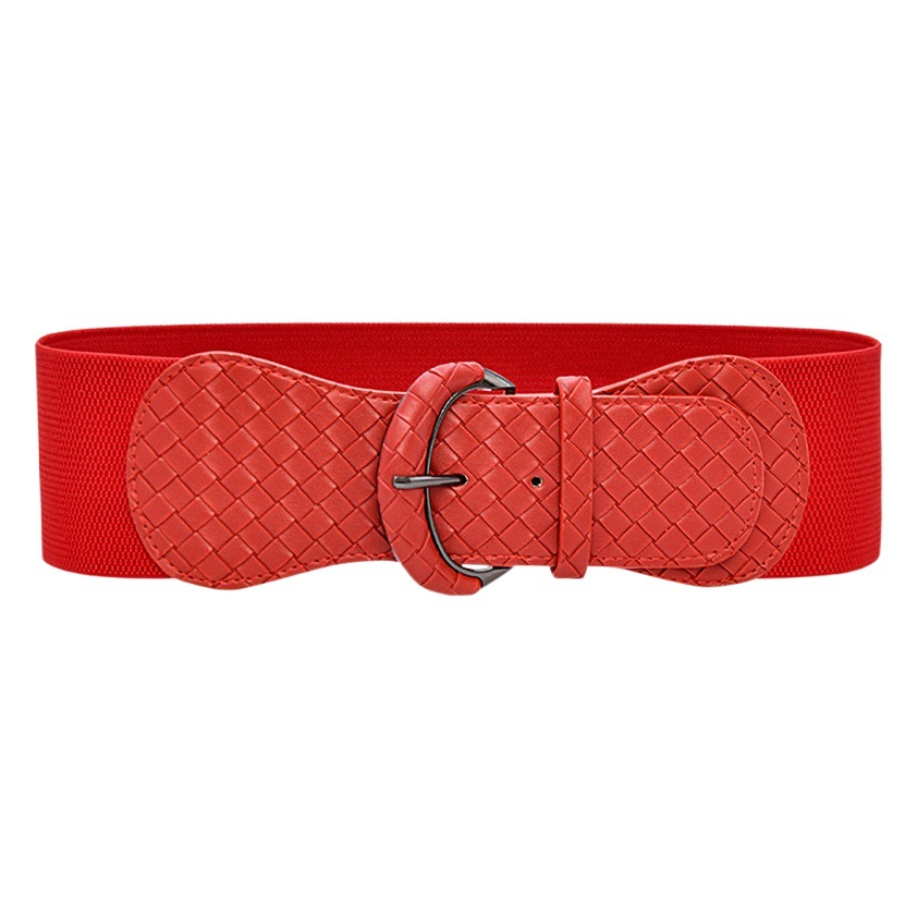 Hebilla de cuero Plaid cinturón ancho de moda de las mujeres cinturón decorativo vestido abrigo elástico vinculante cintura sello