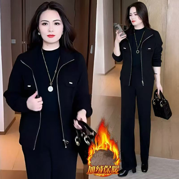 秋冬季新款时尚穿搭气质休闲运动宽松显瘦加绒加厚两件套女装套装|undefined
