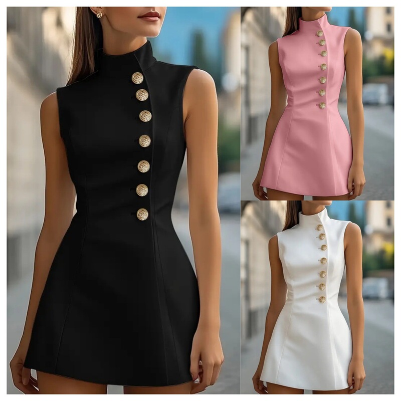 2026 Amazon Aliexpress New Style Autumn Elegant Slim-Fit Solid Color Stand-Collar Sleeveless Suit Dress for Women