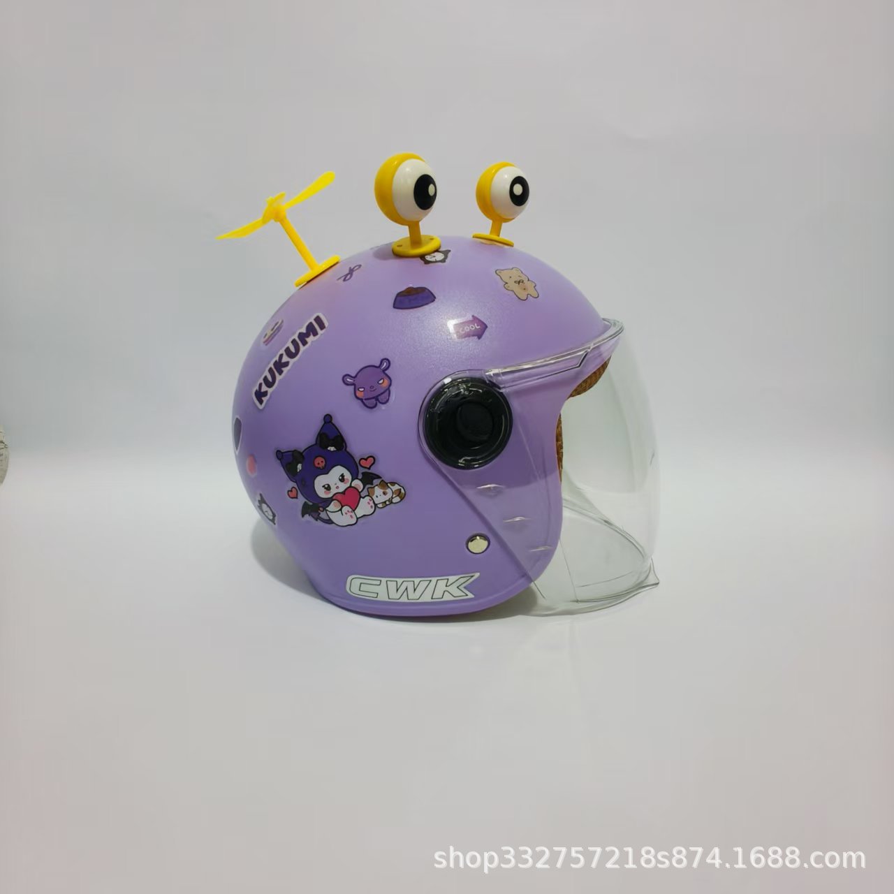 Motosiklet kaskı (dəbilqə): Motuoche Motorcycle Safety Helmet - purple-kuromi-transparent-long-visor-yellow-eyes-yellow-windmill-3c-children-1-6-years-old-wl07